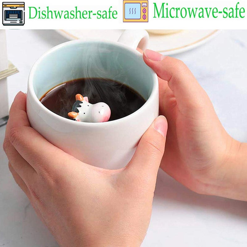 Ponerine Cow Cute Cartoon Mugs 3 pcs Animal Ceramic Coffee Mugs Water Cups with Crafts Porcelain Small Cow and Spoon Celadon Cup, 350ML - Image 2